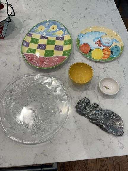 Easter decorative plates, small yellow bowl, pewter bunny, dipping oil dish image
