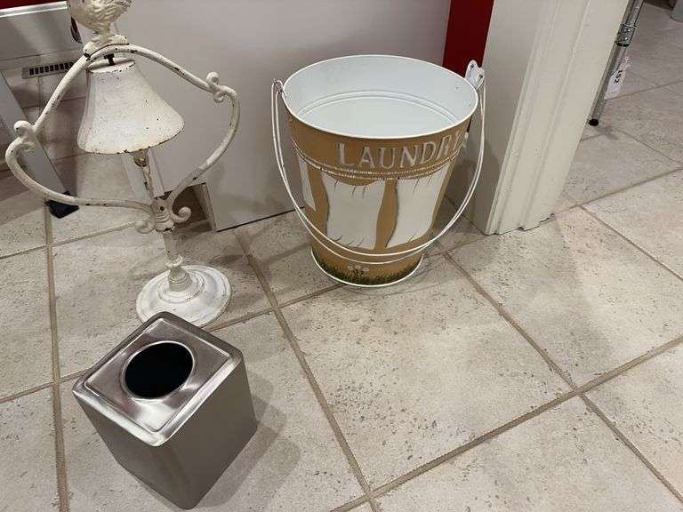 Painted cast iron bell on stand, metal laundry bucket, kleenex box cover image