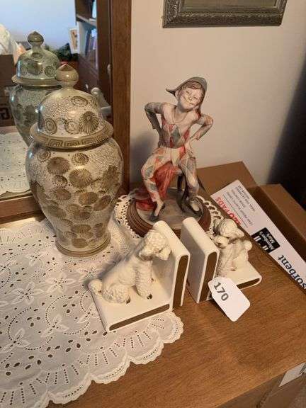 Poodle bookends, jester figure, Andrea covered jar image