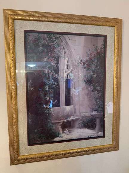 2 framed prints 22" x 18" & 26" x 31.5", brass wall hanging image