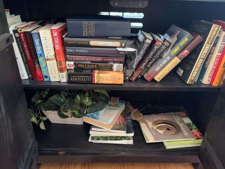 2 shelves of books. Artificial plant image
