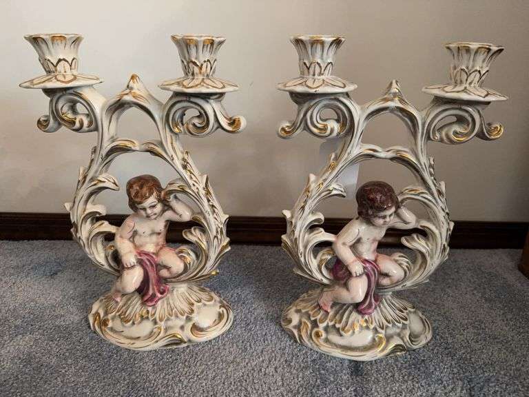 Pair of Keramos capodimonte Italy candle holders 12" image