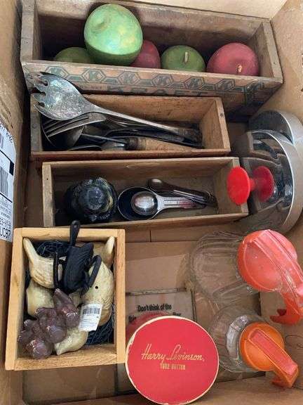 Box of Misc. Antique Cheese and butter boxes, misc decor, serving dispensers, flatware, miscellaneous image