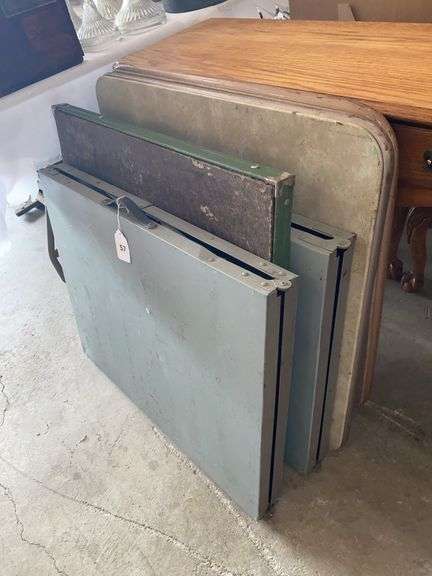 3 card tables, 2 metal folding tables, 2-31”sq, 1-29”sq, 2-60” x 24” image