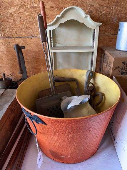 Metal and wood wall shelf 13”w x 6”d x 24.5”h, decorative Halloween basket, aluminum pitcher, 2 fireplace poppers, miscellaneous image