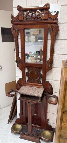 Antique walnut halltree w/ marble shelf & umbrella holders image