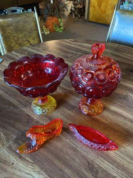 Star and moon red to orange compote, orange hobnail, red to orange canoe image