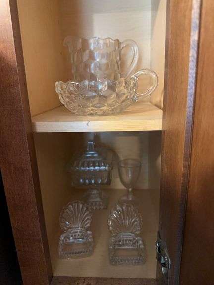 Fostoria small pitcher and handled dish, small covered candy dish, shell place card holders, glass refrigerator dish