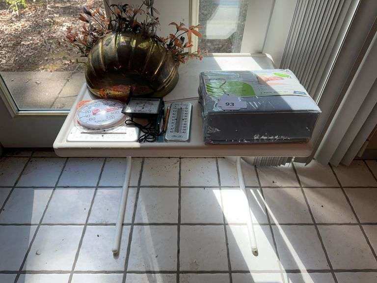 Thermometers, brass wall planter, queen sheet set, portable table image