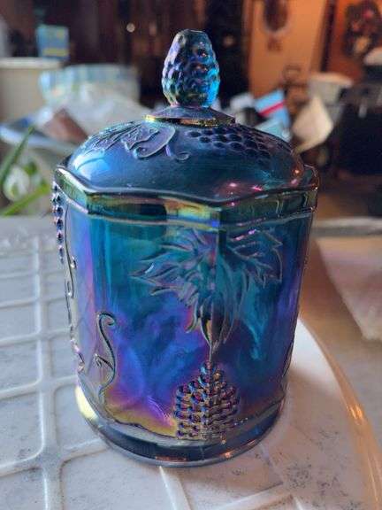 5 pieces of carnival glass: plate, dish 5", vase 6", covered jar 7", pedestal 3" image