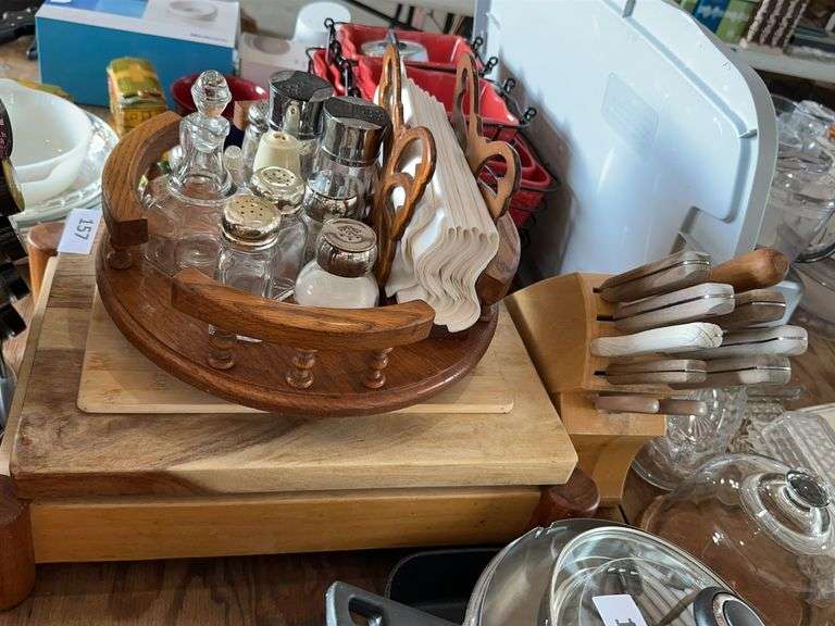 Wooden Cutting Boards/chop blocks, Misc. Knives, Oak Lazy Susan, Salt/Pepper Shakers, Spice Rack image