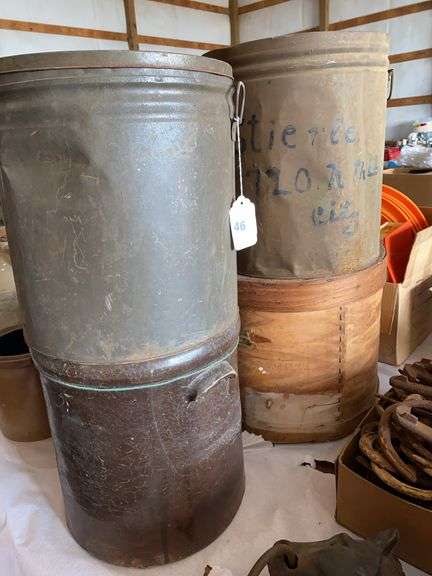 #5 crock, 2 metal cans, 1 bent wood barrel image