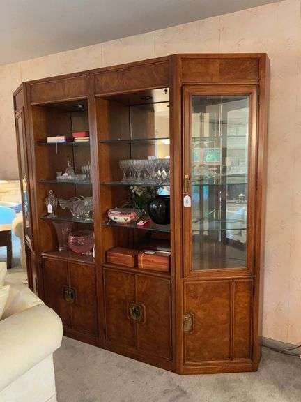 Vintage display 4 section China cabinet with 6 lower burl wood doors, 2 upper doors and 12 glass shelves. 86”w x 80”t x 18”d. Excludes all contents