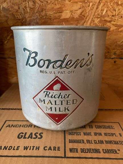 2 boxes mason canning jars, (1 unopened, Borden’s aluminum malted milk container, miscellaneous aluminum dishes image