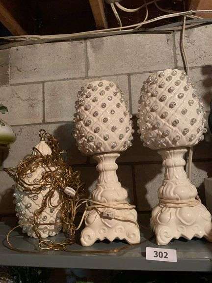 3 ceramic lamps, 2 table top, one hanging image