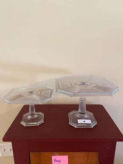 Pair of cake stands, 9”d x 6”h, 11”d x 8.5”h, “Pleat and Panel” pattern