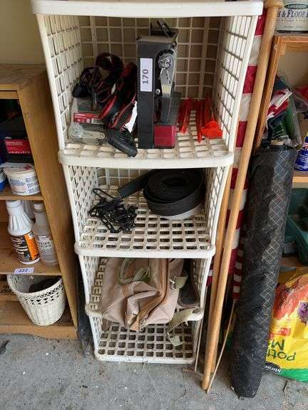 White Plastic storage unit, tool bag, ratchets. image