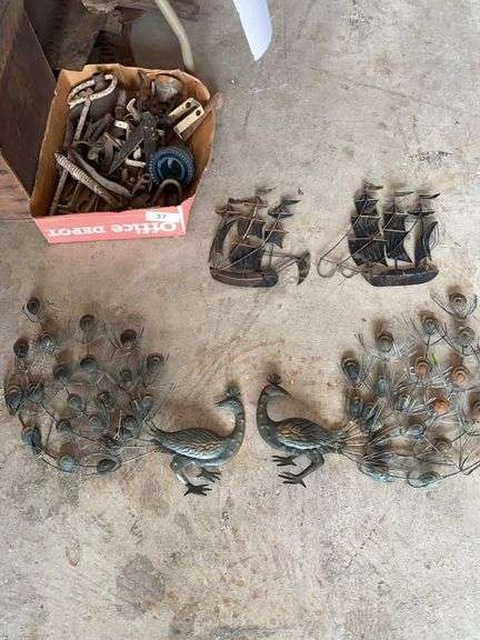 Peacock and ship wall decor, vintage miscellaneous tools, insulator, image
