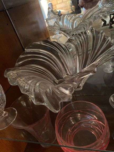 Clear glass dishes, 14” art glass bowl, crystal globe bowl on stand, lidded candy dish with etched butterflies