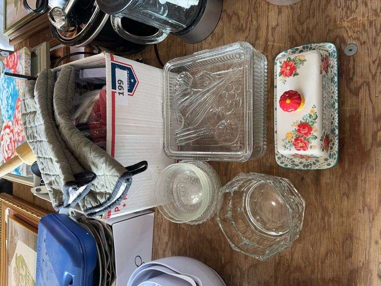 8.5" refridgerator dish, glass bowls, box of misc kitchen utensils image