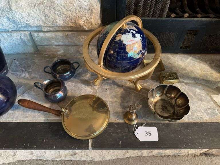 Small globe on metal base, creamer and sugar, bell, small bowl, match box cover