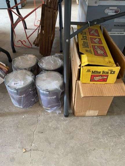 Deckover base coat - 4 unused 1 gal cans, 3 jugs of deck/wood cleaner,miter box with saw image