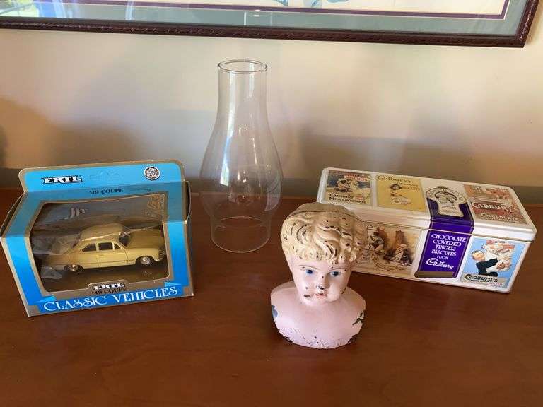 Vintage German #6 metal head, chimney, ERTL ‘49 Coupe, tin box image