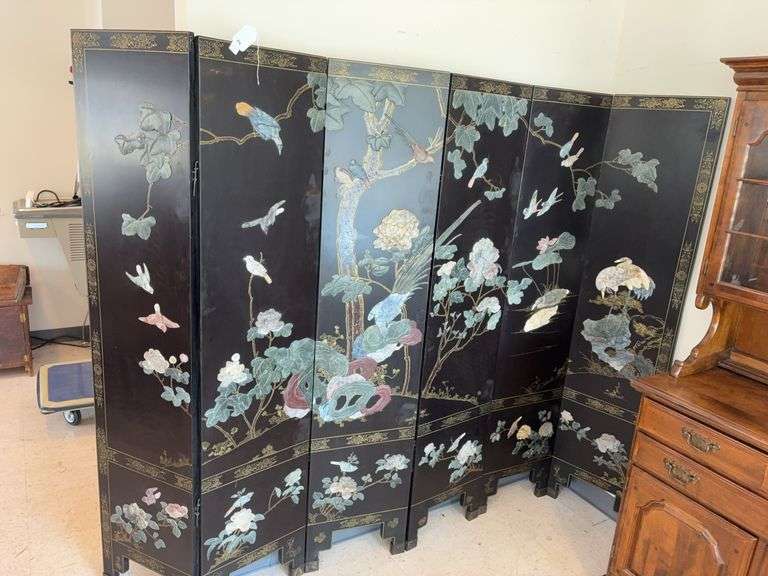 Asian 6 panel black lacquered screen w/ inlay image