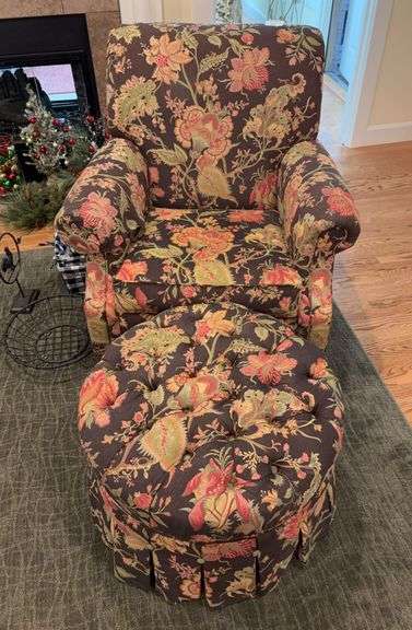 Ethan Allen upholstered armchair w/ round 27” ottoman image