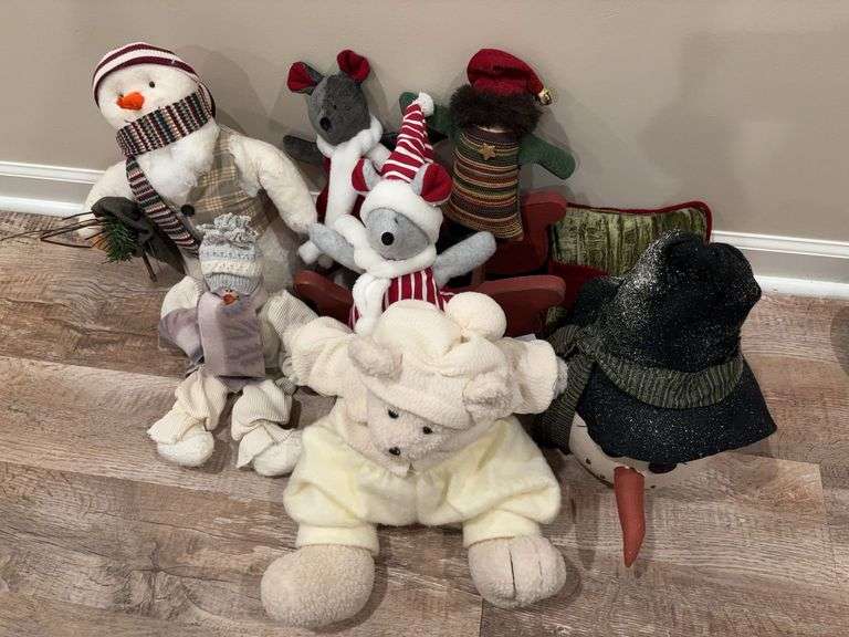 Christmas stuffed animals and wooden sleigh image