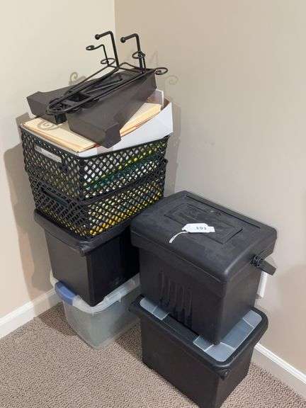 Plastic storage bins, folders, picture stand, misc image