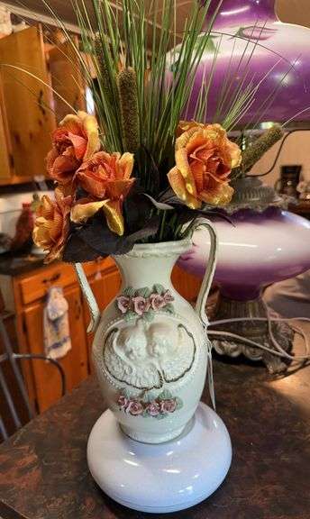 10” tall Double handled vase with floral image