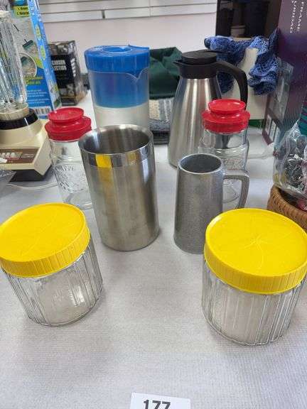 Pewter mug, stainless container, canisters, coffee pot, pitcher image