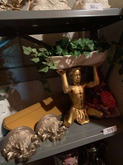 MCM kneeling art deco compote, Caribbean reversible doll, shelf, wall vases image