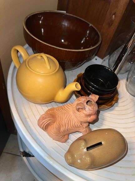 Brown glazed crock bowl, Lipton teapot, pig bank, ceramic cat