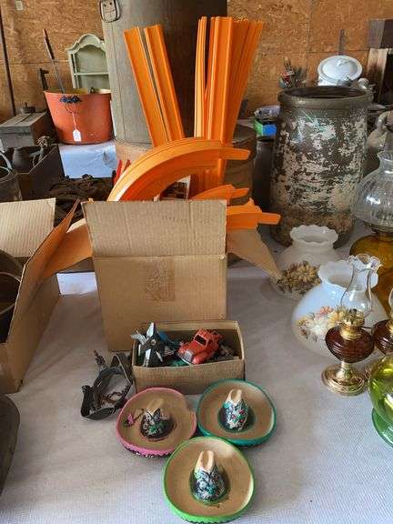 Hot Wheels track, toy stirrups, metal planes and cars, 3 pottery hats image