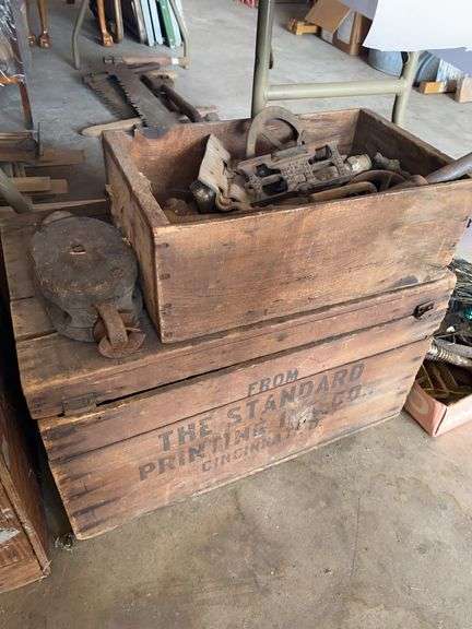 Vintage wood chest (Standard Printing Ink Co.), wood box, tins, miscellaneous tools image