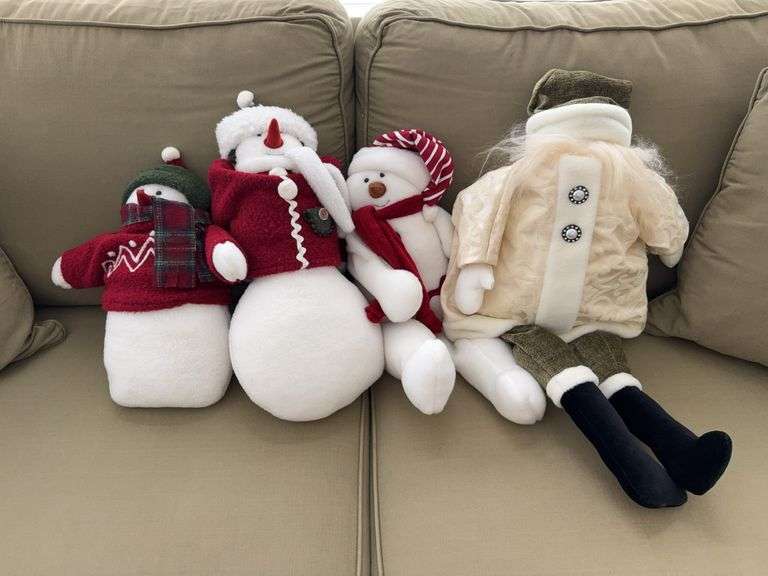 4 tubs of Christmas greenery, 3 stuffed snowmen & Santa, large bells image