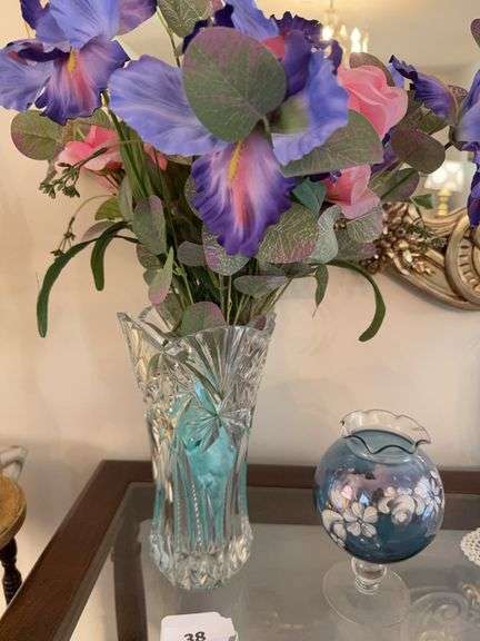 Crystal vase 12" with faux flowers, handpainted glass vase 8" image