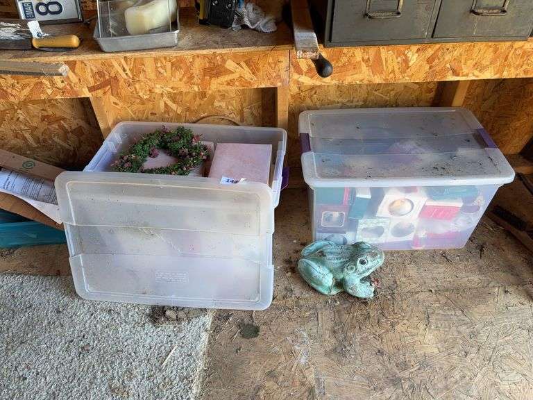 2 tubs of Christmas ornaments, frog, misc image