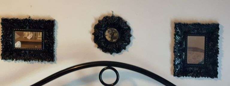 Framed print, clock, black framed mirrors image