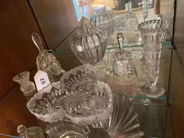 Six pieces of crystal glassware, 2 bells, 2 vases, 3 sectioned bird dish, lidded apple