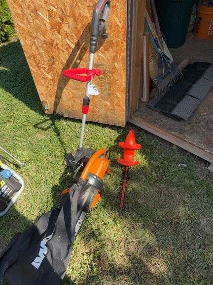 Worx electric blower, electric string trimmer, B & D hedge trimmer image
