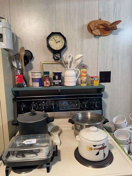 Presto vintage electric skillet, stock pot, covered jar, stock pot, deep fryer, kitchen utensils, clock, pitcher, skillets, lids image