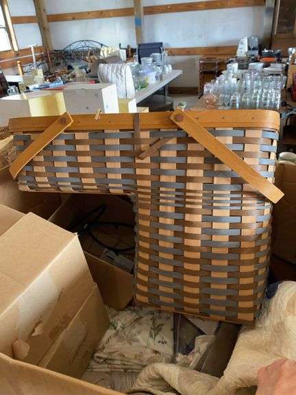Longaberger Stair Basket, box of Longaberger inserts, liners and misc image