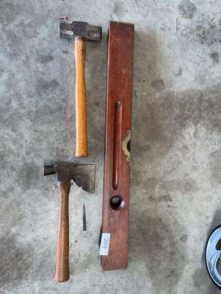 Stanley level, axe, small sledge hammer image