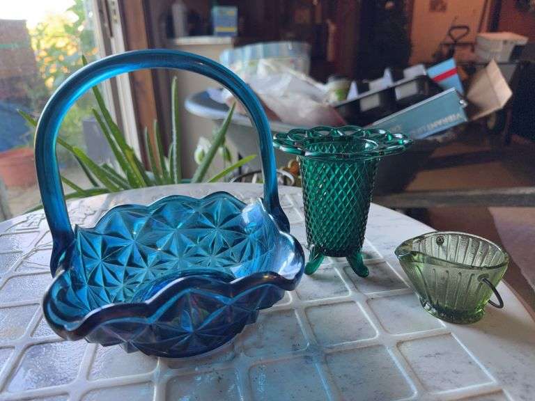 8 Glasses, blue glass basket, green glass vase, green glass pail image