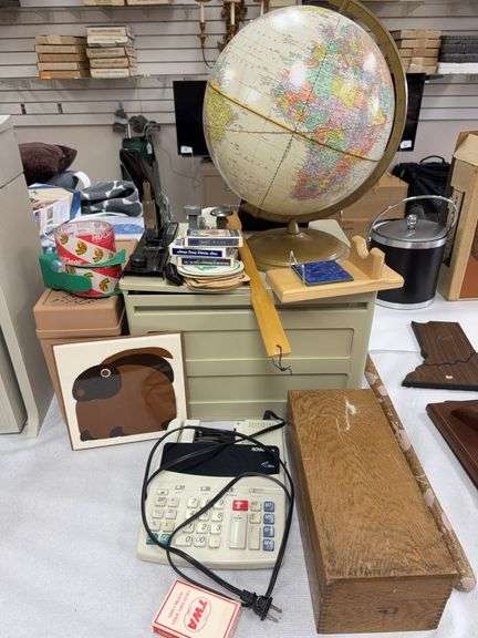 Globe, card box, calculator, playing cards, stapler image