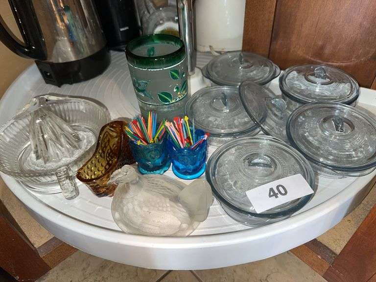 5 covered glass dishes, juicer, toothpicks, amber shoe