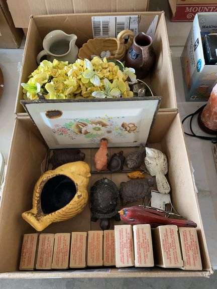 2 boxes of misc decor - cast turtles, vases, flowers, misc. image